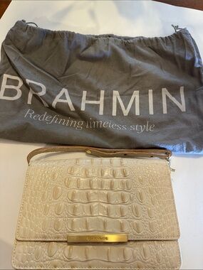 Brahmin Cream Croc-Embossed Leather Crossbody with Gold Accent
